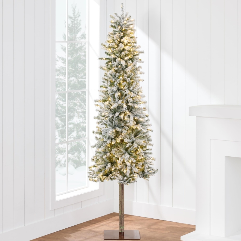 Flocked Skinny Christmas Tree Styling for Rustic Alpine Decor