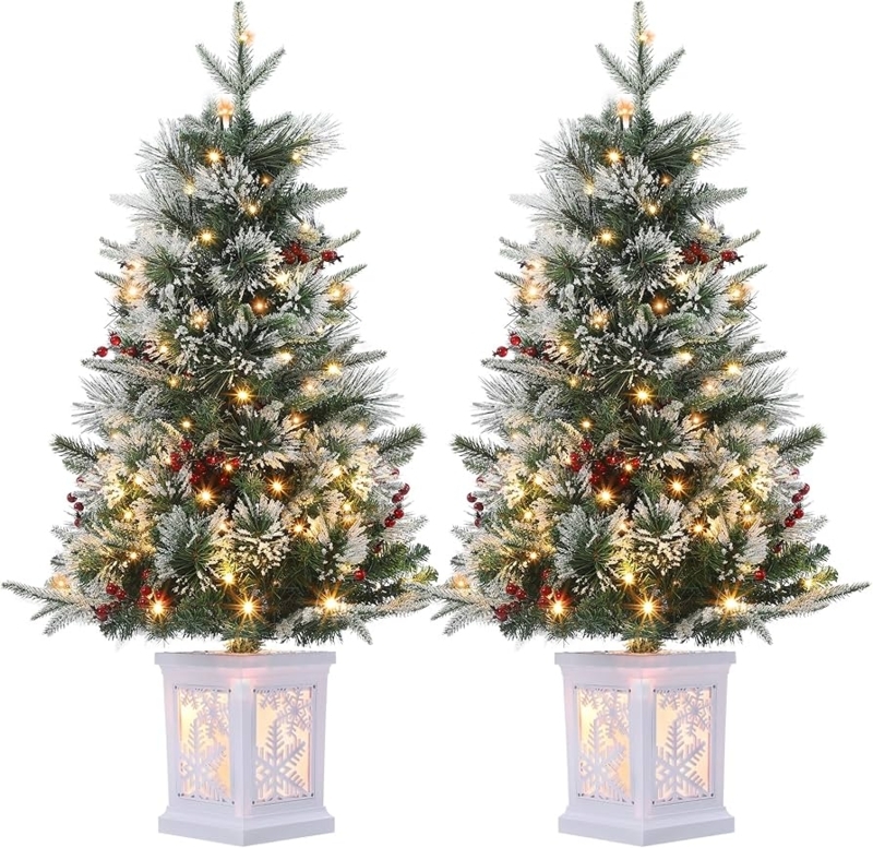 Flocked Tabletop Christmas Trees: Lighted Burlap Snowflake Bases.