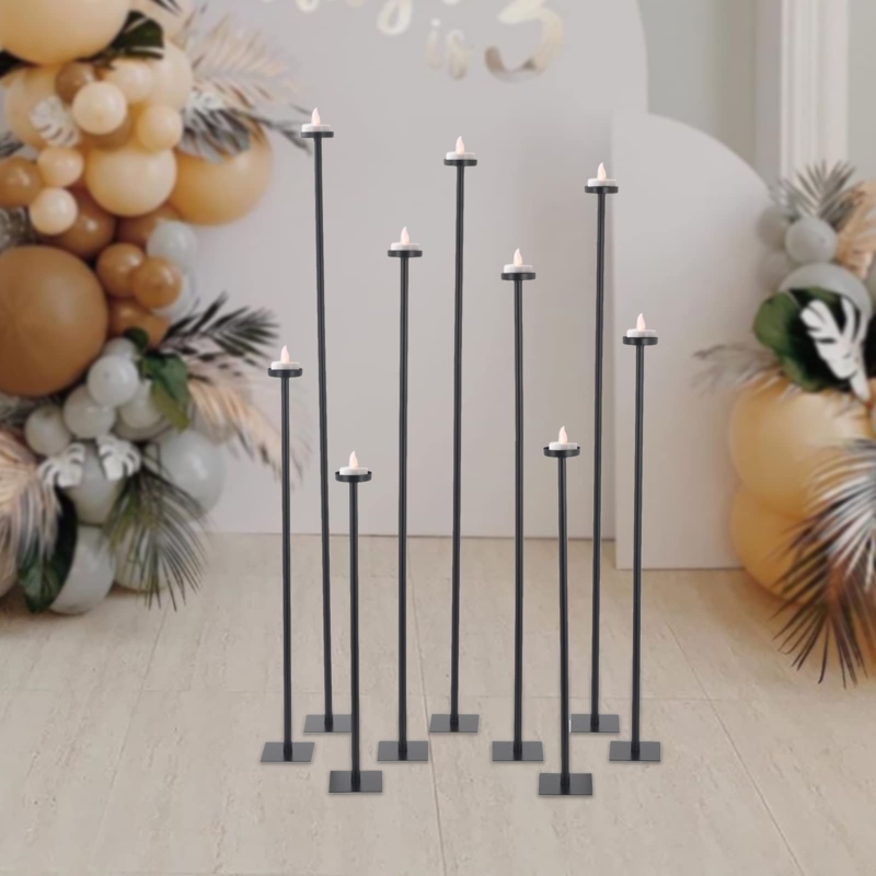Floor Candelabra Staggered Nine Tier Black Metal Hurricane Glass Decor