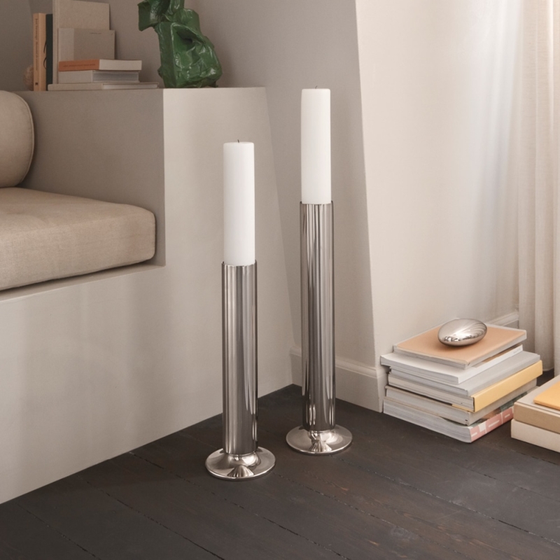 Floor Candle Holder Polished Silver Ribbed Texture Minimalist