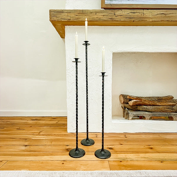 Floor Candle Holder Set Hand Forged Iron Scrolled Tripod Rustic