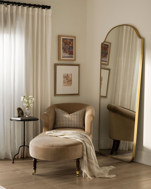 Floor Mirror: Arched Wood Frame Transitional Leaner