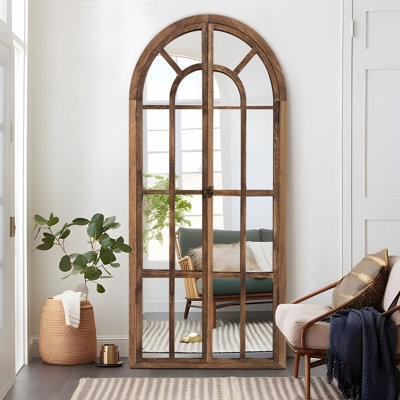 Floor Mirror: Arched Wood Window Pane Frame, Rustic Style