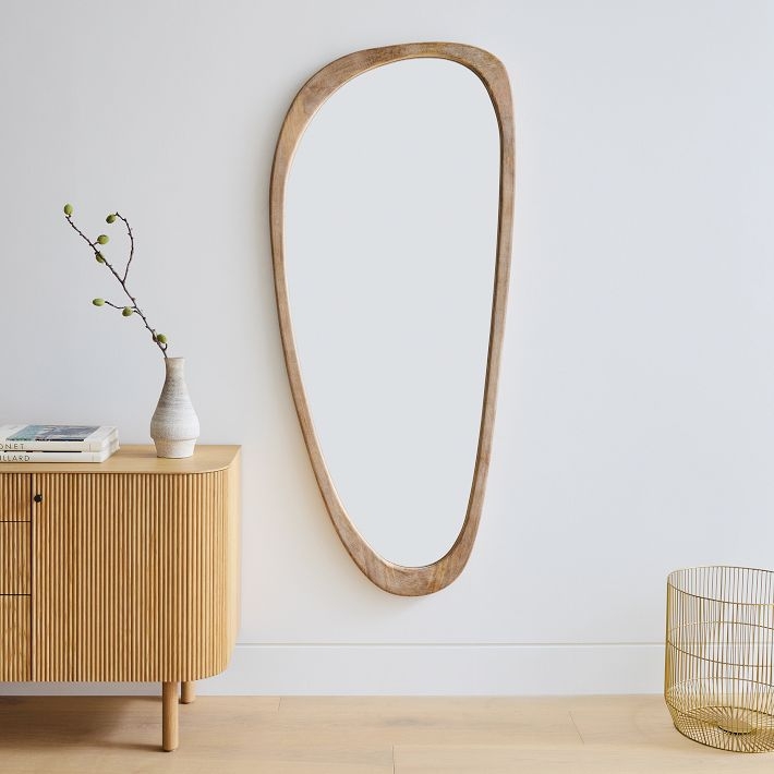 Floor Mirror Asymmetrical Curved Top Warm Wood Frame MCM