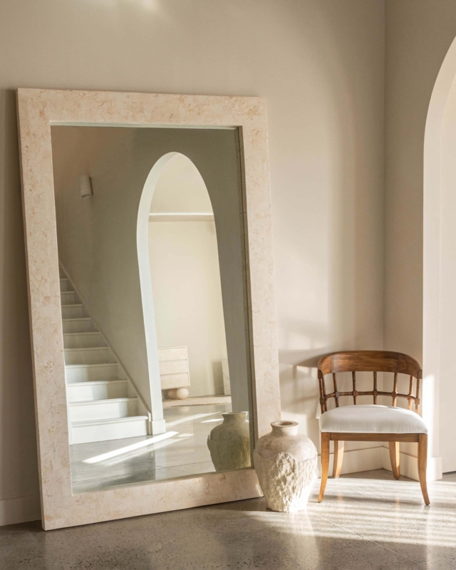 Floor Mirror: Beige Marble Thick Block Frame Minimalist