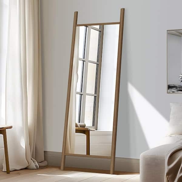 Floor Mirror featuring Unique Ladder Top and Natural Wood Frame