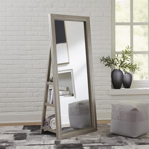 Floor Mirror, Integrated Shelving, Wood Toned Frame