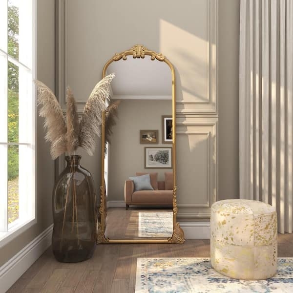 Floor Mirror Ornate Baroque Crown, Polished Gold Arched Floor Mirror