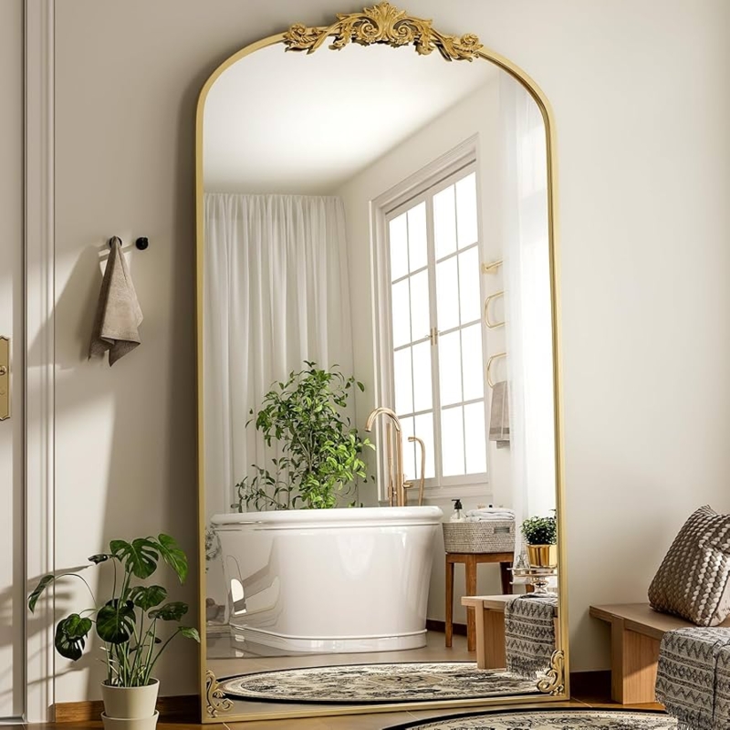 Floor Mirror Oversized Arched Silhouette Ornate Gold Frame