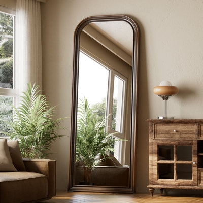 Floor Mirror Oversized Arched Top Leaning Design Dark Frame