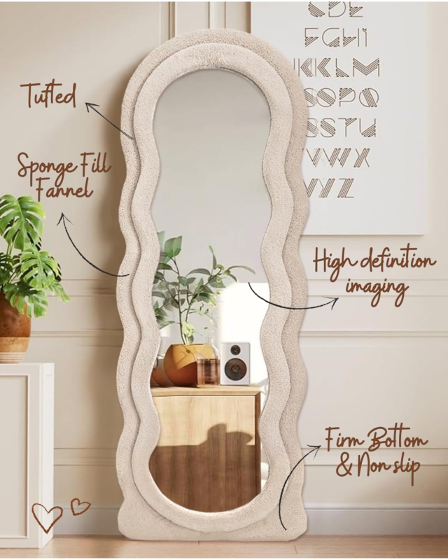 Floor Mirror: Scalloped Boucle Upholstery Cream Wavy