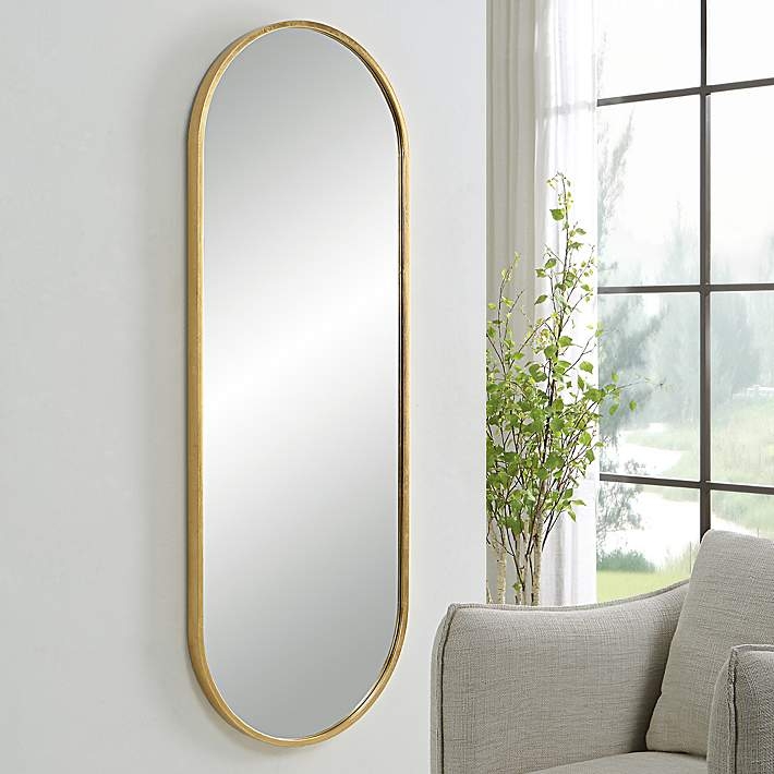 Floor Mirror Tall Oval Gold Slim Frame Leaning Style