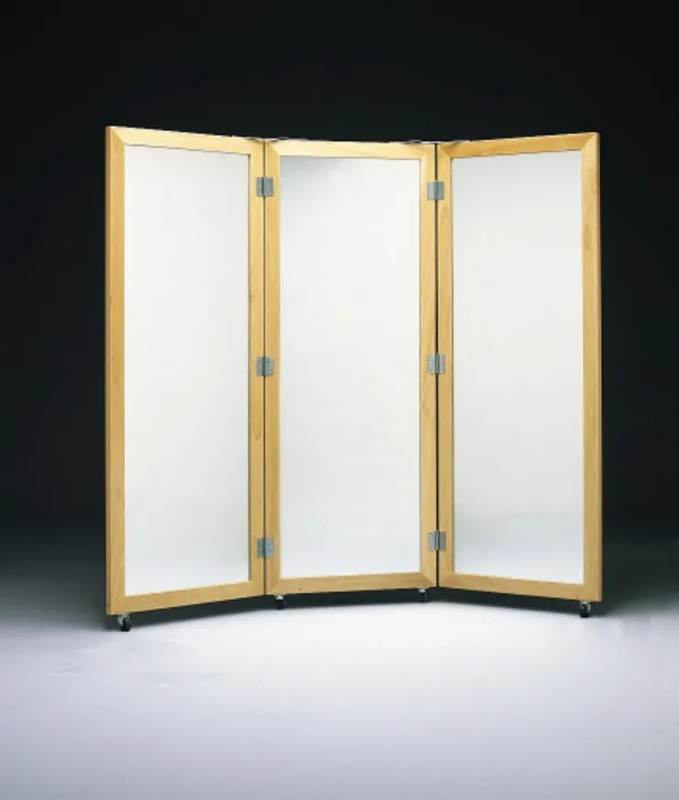 Floor Mirror Three-Way Folding Wood-Toned Frame Rolling Casters