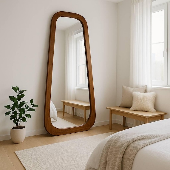 Floor Mirror Wide Wood Frame Rustic Texture Leaning Decor