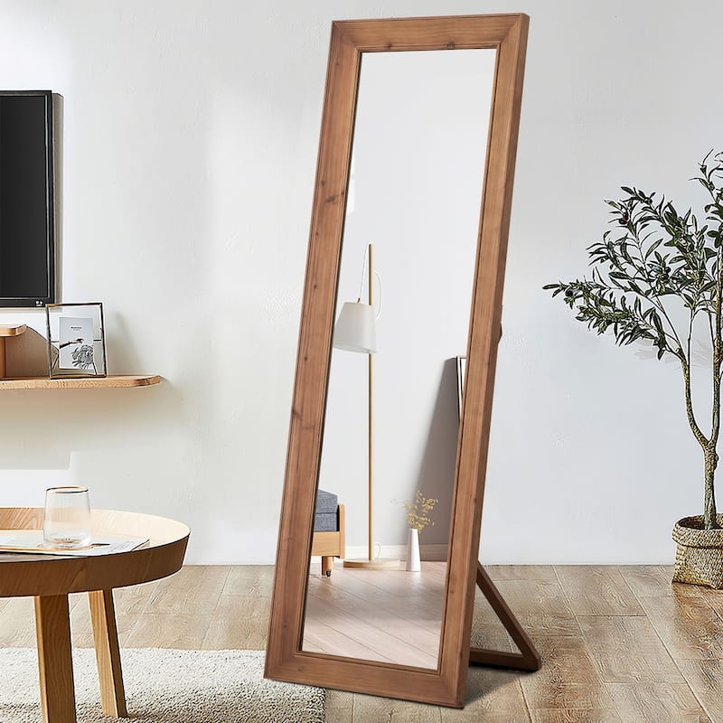 Floor Mirror with Integrated Garment Rod and Bottom Storage Shelf Wood