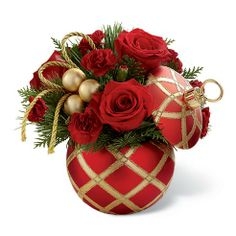 Floral Arrangement: Center Taper Candle, Red Bauble Accents, Festive Centerpiece