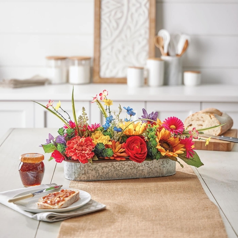 Floral Arrangement Daisy Centerpiece in Round Wooden Tray, Farmhouse