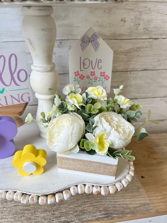 Floral Arrangement in Mini Wood Box with Hello Spring Text Graphic