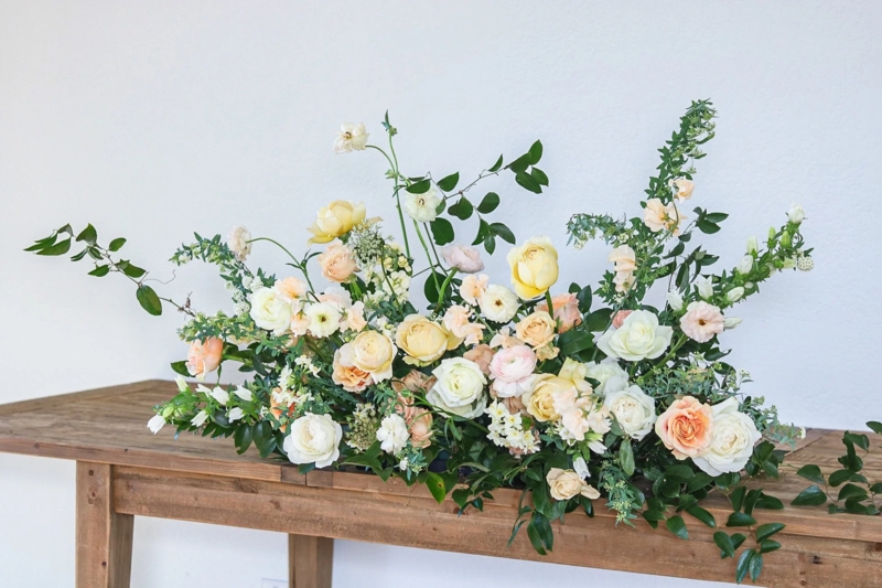 Floral Arrangement in Rustic Wooden Tray Base, Low Profile Centerpiece