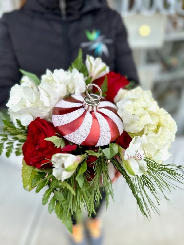 Floral Arrangement: Ornament Shape Vessel, Snowflake Details, Red Carnation