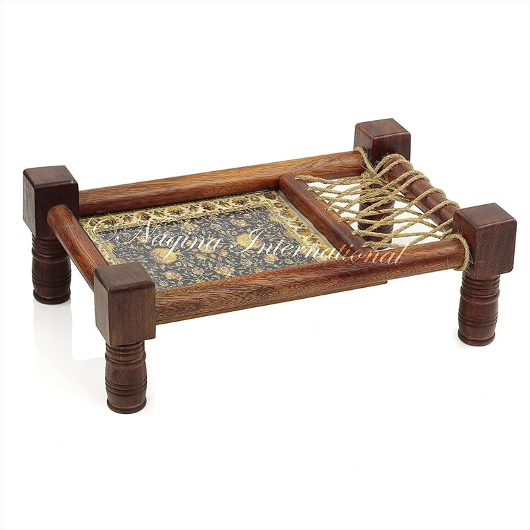 Floral Black Decorative Tray Cot Shape Woven Top Traditional Indian