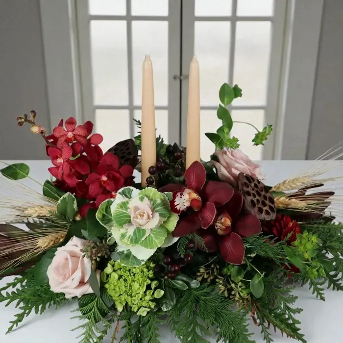 Floral Centerpiece with Double Pillar Candle Focal Point & Autumn Bloom