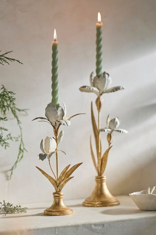 Floral Ceramic Taper Candle Holder, Vibrant Yellow with Fluted Rim