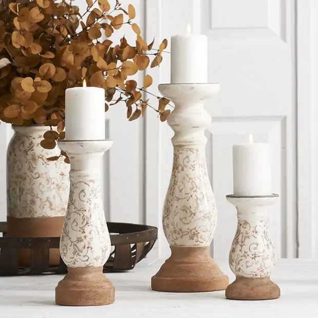 Floral Pattern Candlestick Set, Distressed Cream Farmhouse Decor