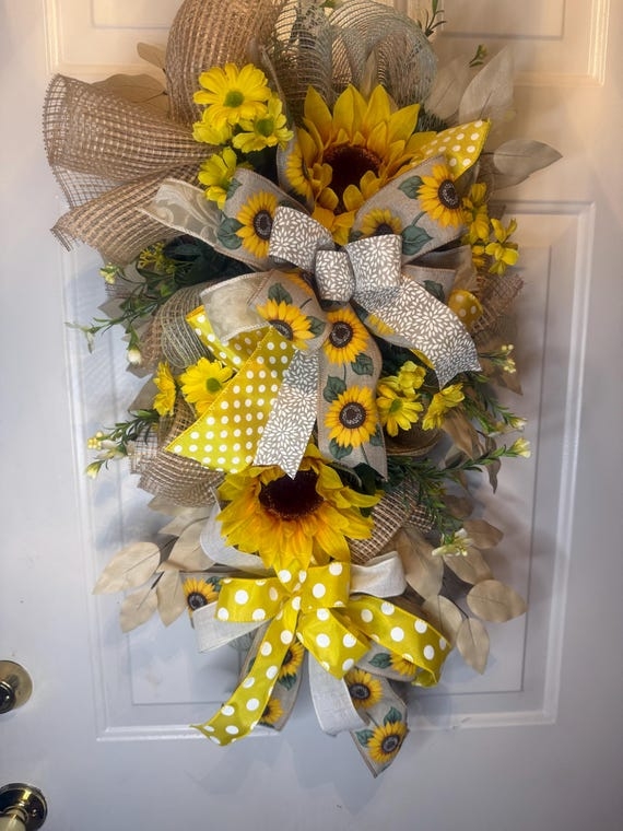 Floral Swag: Golden Sunflower Blooms & Sage Foliage Rustic Farmhouse.