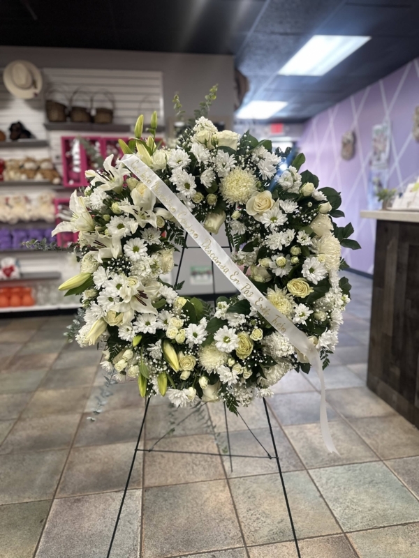 Floral Wreath, All White Palette, Traditional Funeral Tribute, Mixed Blooms.
