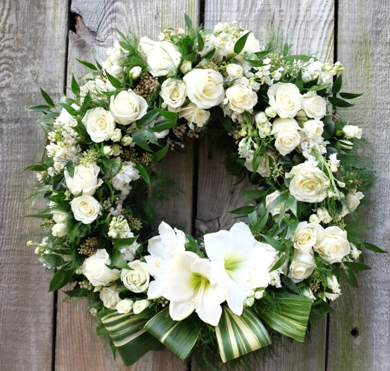 Floral Wreath Dense Mixed Blooms White Green Elegant Memorial Service