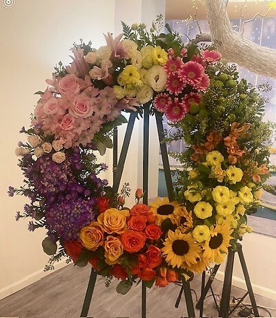 Floral Wreath Easel Mounted Diverse Flower Mix Vibrant