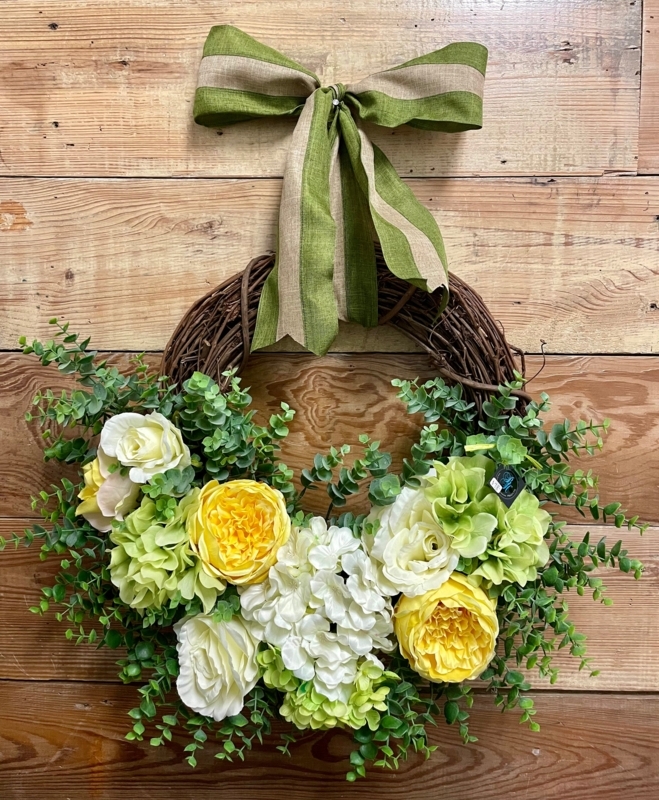 Floral Wreath Frayed Ribbon Farmhouse Yellow Forsythia Wreath With Bow