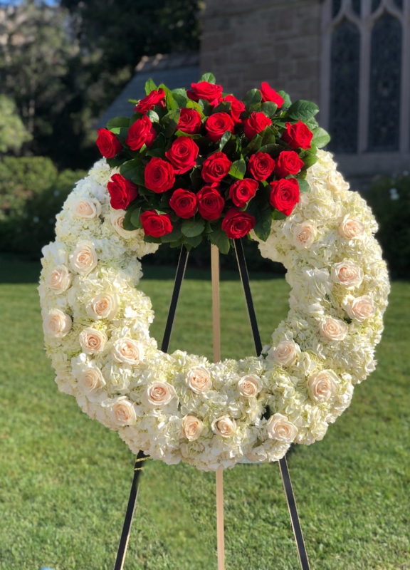 Floral Wreath, Green Hydrangea Accents, Standing Memorial Service Tribute.
