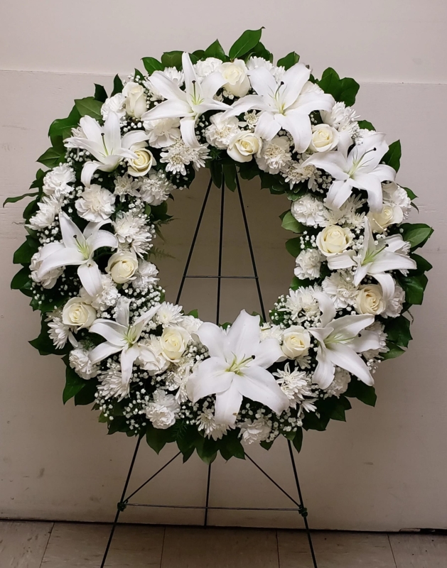 Floral Wreath: Large Easel Mounted All-White Arrangement