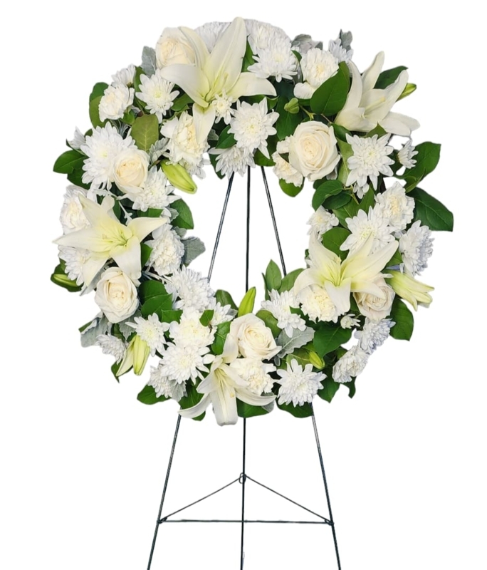 Floral Wreath, Mixed White And Pink, Serene Sympathy arrangement, Lilies.