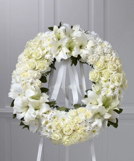 Floral Wreath: Monochromatic Blooms with Mixed Greenery Border