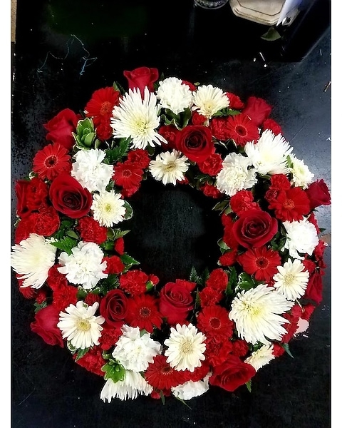 Floral Wreath, Red White Contrast, Funeral Arrangement, Easel Stand.