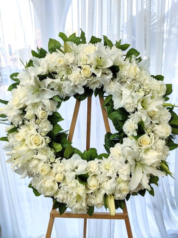 Floral Wreath Standing Easel Red And White Palette Funeral Tribute