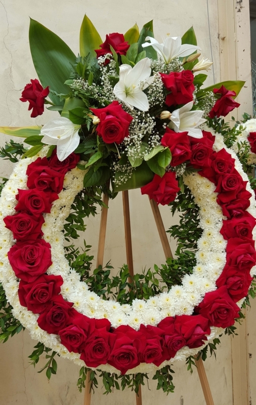 Floral Wreath, Standing Easel, Traditional Funeral Arrangement, White Lilies.