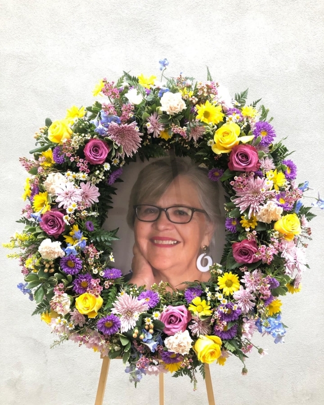 Floral Wreath Sunflowers Easel Stand Vibrant Palette Sympathy Display