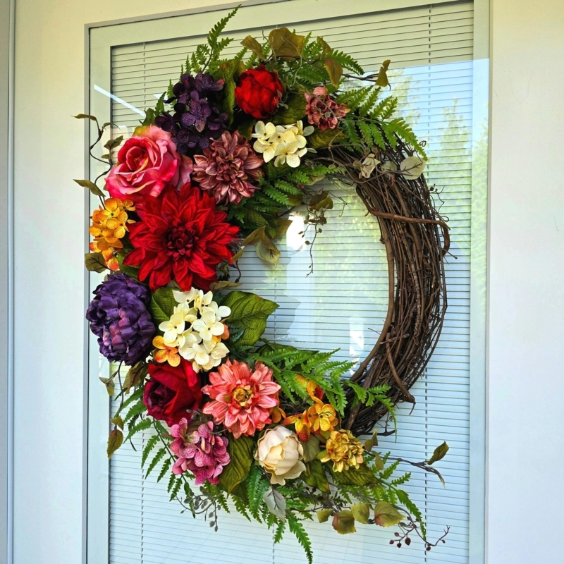 Floral Wreath with Asymmetrical Arrangement, Modern Farmhouse Entryway