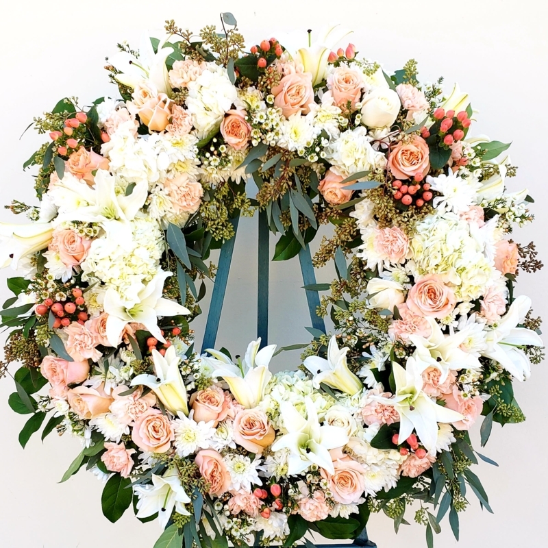 Floral Wreath with Asymmetrical Peach Roses and Rustic Mixed Foliage