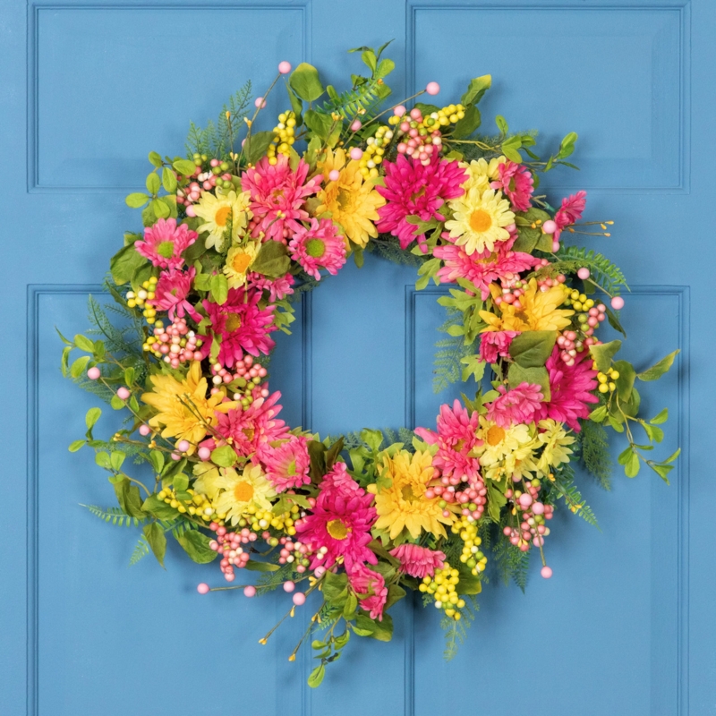 Floral Wreath with Berry Accents, Pink and Yellow Door Decor
