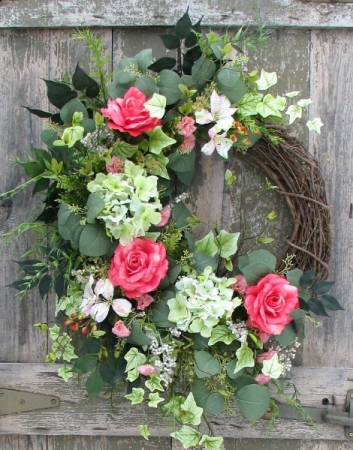 Floral Wreath with Blue Striped Ribbon, Cottage Style Botanical Wall Art