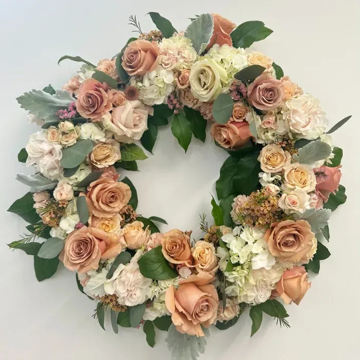 Floral Wreath with Romantic Fresh Flower Mix and Eucalyptus Foliage