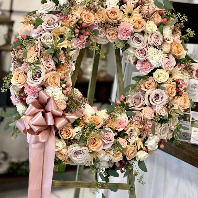 Floral Wreath with Traditional Peach Lavender Palette and Dense Roses