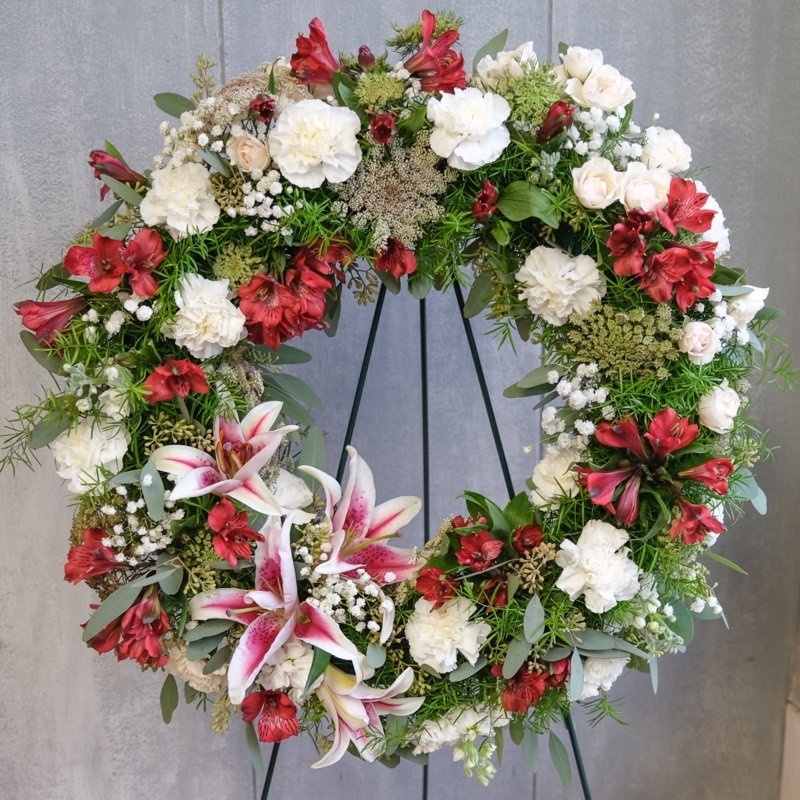 Floral Wreath with Vibrant Orange Dahlias and Seeded Eucalyptus