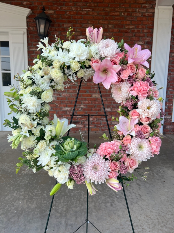 Floral Wreath with White Lily Accents and Blue Hydrangeas