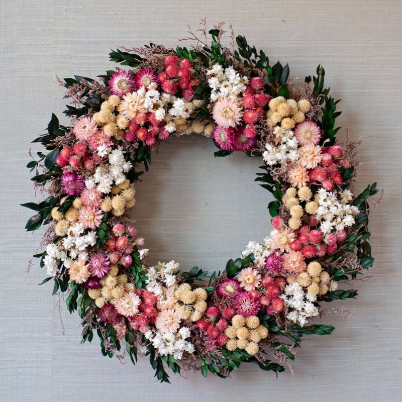 Floral Wreath Yellow Craspedia Globes Preserved Eucalyptus Wall Decor